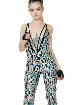 Jaded London Holographic Sequin Plunge Catsuit